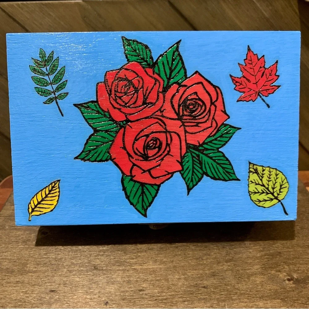 Blooming Rose Blue Wooden Box